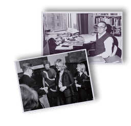 Kuvapari, toisessa iäkäs mies kirjojen ja papereiden äärellä, toisessa kolme naista onnittelemassa vanhempaa miestä tämän syntymäpäivänä.